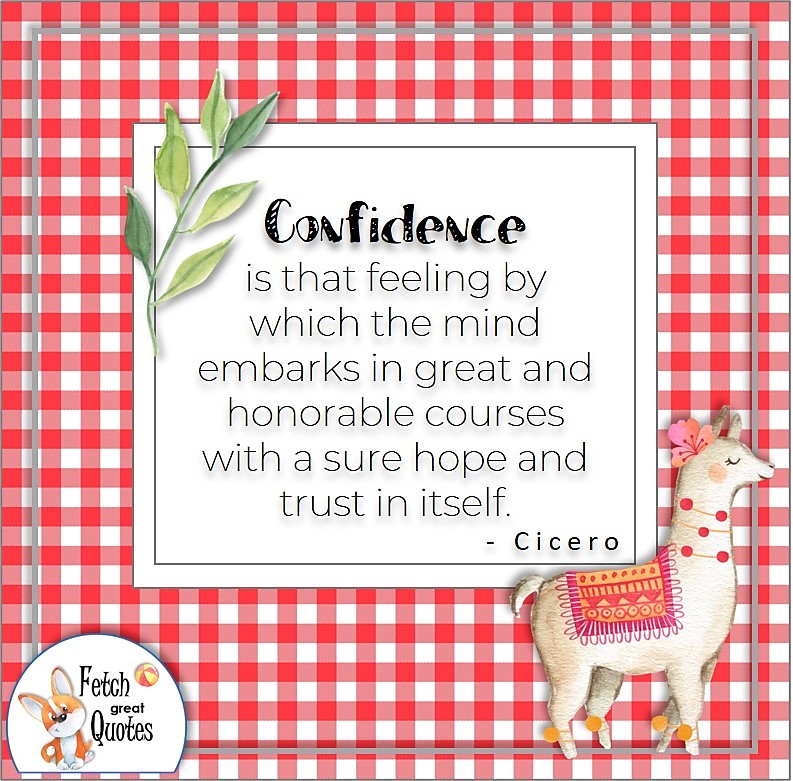 colorful lama, red gingham, self-confidence quote, Confidence is that feeling by which the mind embarks in great and honorable courses with a sure hope and trust in itself. , - Cicero quote